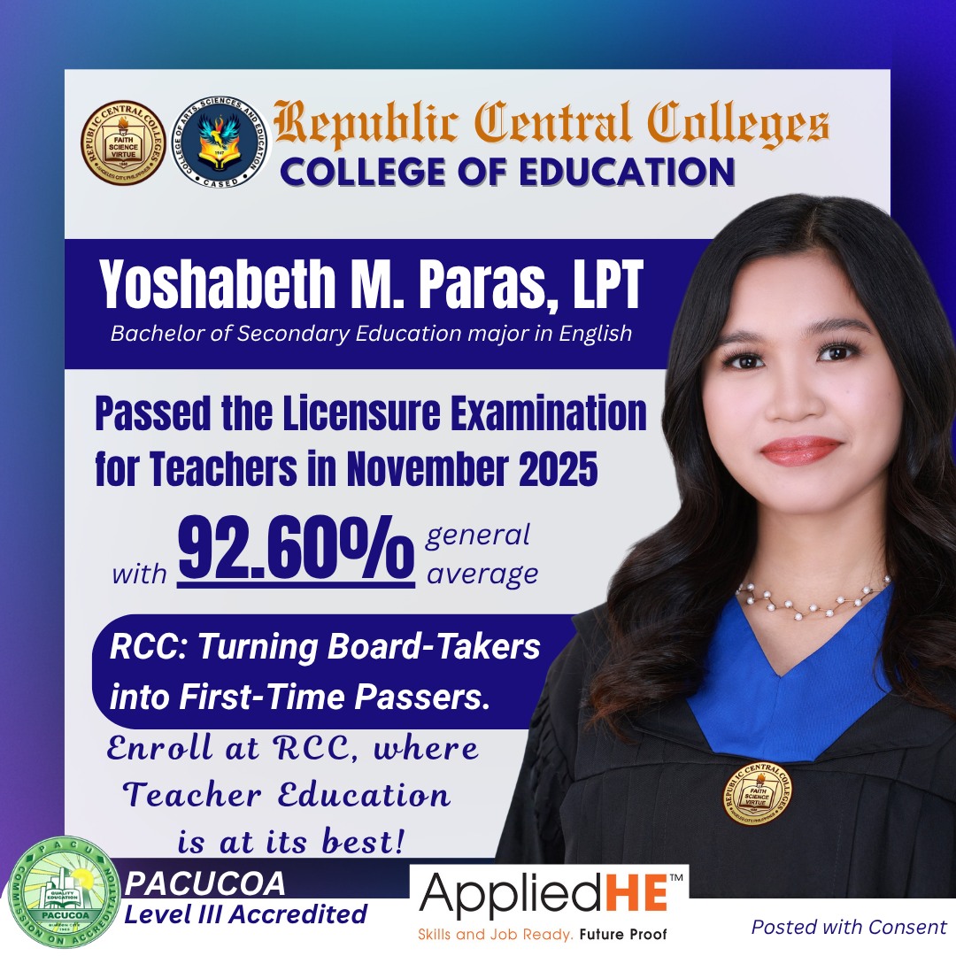 RCC’s Top-Performers during the November 2025 Licensure Examination for Teachers